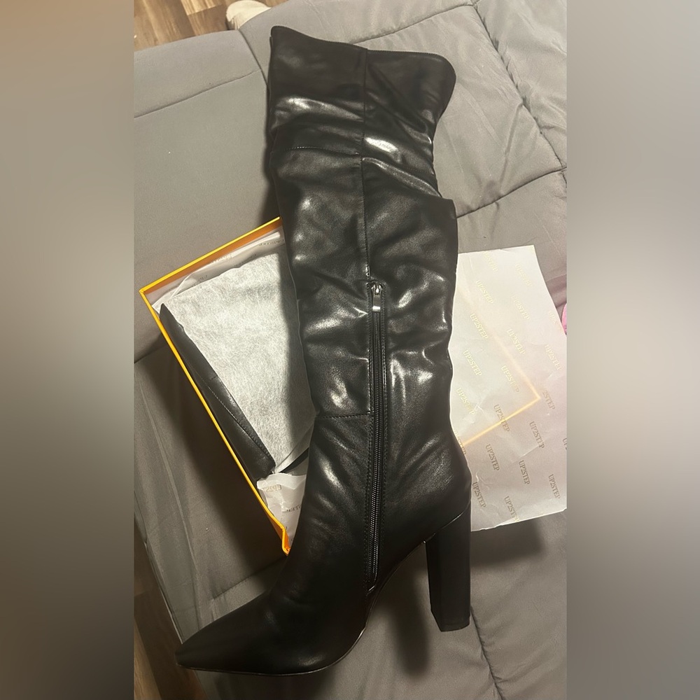 Black Thigh high leather(faux) boots 4 inch thick heel